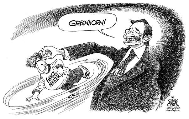  Oliver Schopf, politischer Karikaturist aus Österreich, politische Karikaturen, Illustrationen Archiv politische Karikatur Österreich: Parteien ÖVP 2013  ÖVP SPINDELEGGER MICHAEL FINANZMINISTER LEITL CHRISTOPH WIRTSCHAFTSKAMMER PRÄSIDENT OHREN ZIEHEN GREENHORN JUNG 
