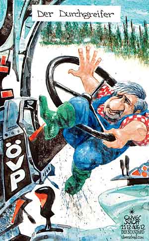 Oliver Schopf, politischer Karikaturist aus Österreich, politische Karikaturen aus Österreich, Karikatur, Illustrationen Politik Politiker Österreich 2012 OEVP OBMANN SPINDELEGGER MICHAEL DURCHGRIFFSRECHT KORRUPTION SUMPF STRASSER ERNST MARTINZ TRAKTOR LENKRAD BAUER