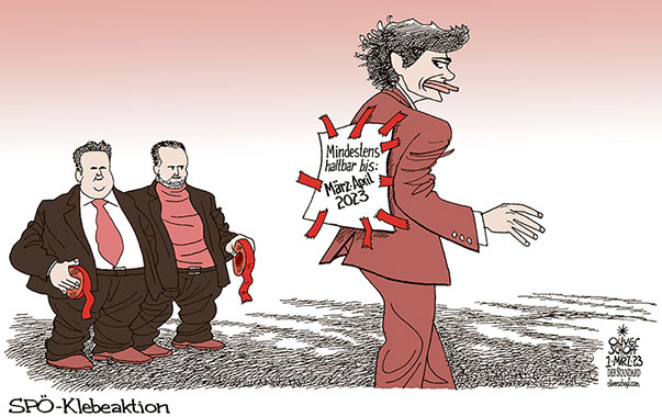 Oliver Schopf, politischer Karikaturist aus Österreich, politische Karikaturen aus Österreich, Karikatur Cartoon Illustrationen Politik Politiker Österreich 2023: SPÖ ROT PAMELA RENDI-WAGNER MICHAEL LUDWIG HANS-PETER DOSKOZIL ABLAUFDATUM STURZ PARTEIVORSITZ KLEBEN KLIMAKLEBER KLEBEBAND 





