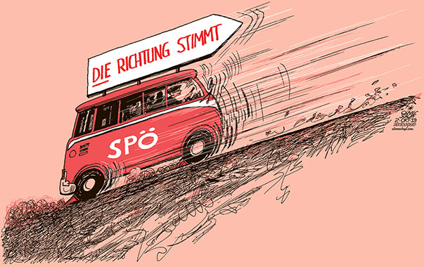 Oliver Schopf, politischer Karikaturist aus Österreich, politische Karikaturen aus Österreich, Karikatur Cartoon Illustrationen Politik Politiker Österreich 2019 : SPÖ NATIONALRATSWAHL RENDI-WAGNER LENKERIN VERLUSTE BUS ABRUTSCHEN DIE RICHTUNG STIMMT KURS STEIGUNG 
