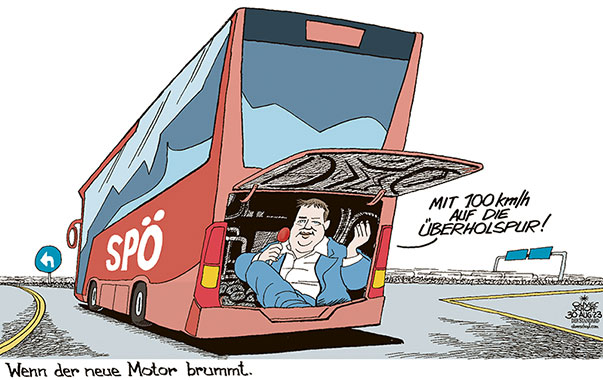 Oliver Schopf, politischer Karikaturist aus Österreich, politische Karikaturen aus Österreich, Karikatur Cartoon Illustrationen Politik Politiker Österreich 2023: SPÖ VORSITZENDER ANDREAS BABLER BUS MOTOR AUTOBAHN 100 KM/H SOMMERGESPRÄCHE 















