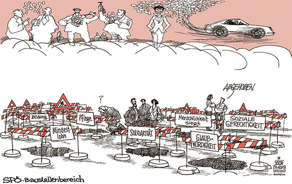 Oliver Schopf, politischer Karikaturist aus Österreich, politische Karikaturen aus Österreich, Karikatur Cartoon Illustrationen Politik Politiker Österreich 2019 : SPÖ KRISE BAUSTELLEN SOZIALDEMOKRATIE ABGEHOBEN HOCHTRABEND MENSCHEN MENSCHLICHKEIT GELD PORSCHE 
ABKASSIEREN 
