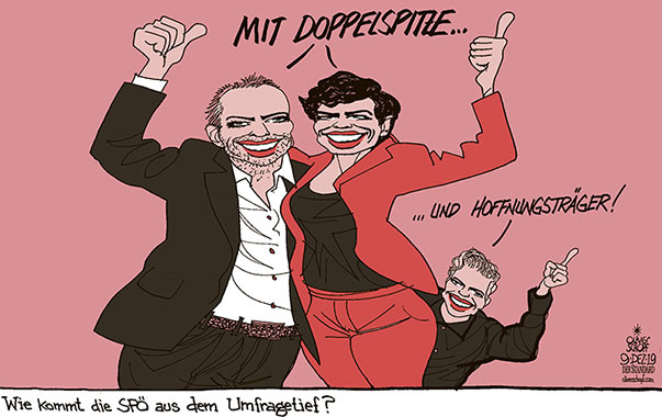 Oliver Schopf, politischer Karikaturist aus Österreich, politische Karikaturen aus Österreich, Karikatur Cartoon Illustrationen Politik Politiker Österreich 2019 : SPÖ RENDI-WAGNER PARTEIVORSITZ SPD DOPPELSPITZE PAAR HOFFNUNGSTRÄGER KEVIN KÜHNERT UMFRAGETIEF 
