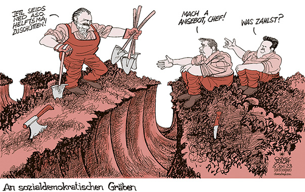 Oliver Schopf, politischer Karikaturist aus Österreich, politische Karikaturen aus Österreich, Karikatur Cartoon Illustrationen Politik Politiker Österreich 2023: SPÖ ROT PARTEIVORSITZ PARTEITAG LINZ KAMPFABSTIMMUNG SIEGER HANS PETER DOSKOZIL ANDREAS BABLER MICHAEL LUDWIG GRÄBEN ZUSCHÜTTEN SCHAUFEL 












