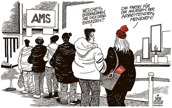 Oliver Schopf, politischer Karikaturist aus Österreich, politische Karikaturen aus Österreich, Karikatur Cartoon Illustrationen Politik Politiker Österreich 2019 : SPÖ MITARBEITER MITGLIEDER ENTLASSUNGEN KÜNDIGUNGEN AMS SCHALTER ANSTELLEN SCHLANGE ARBEITSLOS SPAREN PARTEI 
