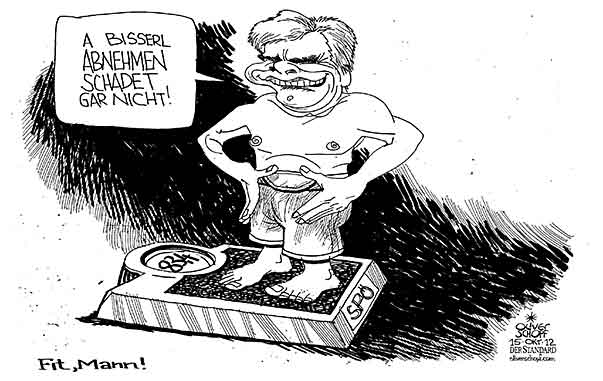  Oliver Schopf, politischer Karikaturist aus Österreich, politische Karikaturen, Illustrationen Archiv politische Karikatur Österreich: SPOE FAYMANN PARTEITAG GEWICHT WAAGE SCHLANK ABNEHMEN FIT


