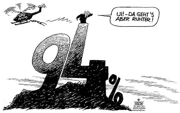 Oliver Schopf, politischer Karikaturist aus Österreich, politische Karikaturen aus Österreich, Karikatur, Illustrationen Politik Politiker Österreich 2010: spoe parteitag faymann 94% gipfel hubschrauber hinauf heben