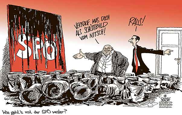 Oliver Schopf, politischer Karikaturist aus Österreich, politische Karikaturen aus Österreich, Karikatur Cartoon Illustrationen Politik Politiker Österreich 2017 : SPÖ CHRISTIAN KERN GUSENBAUER SCHÜTTBILD NITSCH AKTIONISMUS KUNST SCHMUTZKÜBEL WAHLKAMPF SILBERSTEIN ZUKUNFT OPPOSITION
