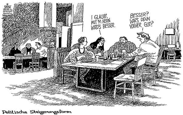  Oliver Schopf, politischer Karikaturist aus Österreich, politische Karikaturen, Illustrationen Archiv politische Karikatur Österreich 2016 SPÖ CHRISTIAN KERN BUNDESKANZLER PARTEIVORSITZENDER MITGLIEDER WÄHLER BÜRGER WIRTSHAUS STAMMTISCH GUT BESSER STEIGERUNGSFORM





