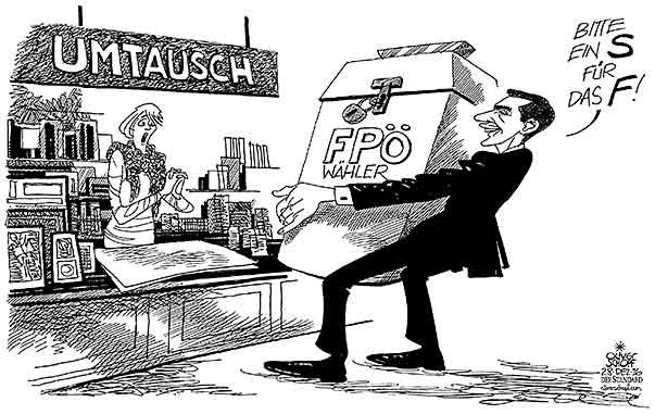  Oliver Schopf, politischer Karikaturist aus Österreich, politische Karikaturen, Illustrationen Archiv politische Karikatur Österreich 2016 SPÖ BUNDESKANZLER CHRISTIAN KERN FPÖ-WÄHLER WAHLURNE UMTAUSCH UMTAUSCHEN WEIHNACHTSGESCHÄFT 





