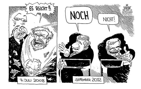  Oliver Schopf, politischer Karikaturist aus Österreich, politische Karikaturen, Illustrationen Archiv politische Karikatur Österreich Koalition 2012 Nach den Animositäten der Regierungsparteien im Korruptions-U-Ausschuss verschärft sich auch das Regierungsklima zunehmend. Neuwahlgerüchte werden bis jetzt – 17. 9. 2012 – hartnäckig zurückgewiesen, aber ein Bruch oder Ausbruch kann schnell geschehen, wie der 7. Juli 2008 bewies.
