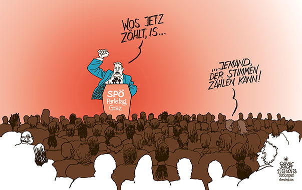 Oliver Schopf, politischer Karikaturist aus Österreich, politische Karikaturen aus Österreich, Karikatur Cartoon Illustrationen Politik Politiker Österreich 2023: SPÖ PARTEITAG GRAZ ANDREAS BABLER REDE ABSTIMMUNG STIMMEN DELEGIERTE ZÄHLEN AUSZÄHLEN AUSZÄHLUNG EXCEL DATEI 

