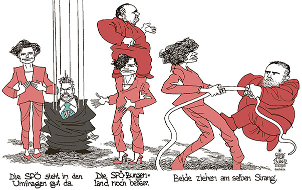 Oliver Schopf, politischer Karikaturist aus Österreich, politische Karikaturen aus Österreich, Karikatur Cartoon Illustrationen Politik Politiker Österreich 2022: SPÖ PAMELA RENDI WAGNER HANS PETER DOSKOZIL STREIT KRITIK UMFRAGEN PARTEI ABSPALTUNG NEHMAMMER 
