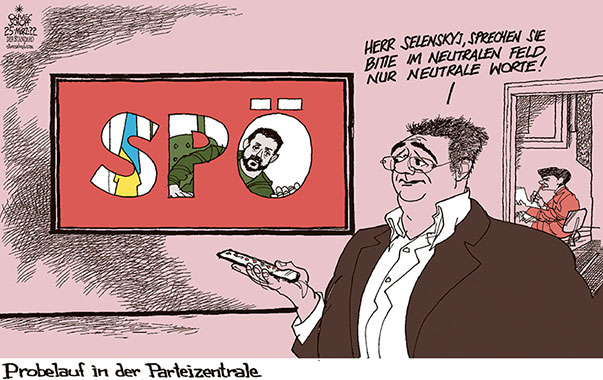 Oliver Schopf, politischer Karikaturist aus Österreich, politische Karikaturen aus Österreich, Karikatur Cartoon Illustrationen Politik Politiker Österreich 2022: SPÖ SELENSKYJ REDE PARLAMENT JÖRG LEICHTFRIED PAMELA RENDI-WAGNER NEUTRALITÄT VIDEOSCHALTUNG PARTEIZENTRALE FERNBEDIENUNG PROBELAUF
