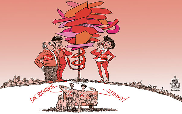 Oliver Schopf, politischer Karikaturist aus Österreich, politische Karikaturen aus Österreich, Karikatur Cartoon Illustrationen Politik Politiker Österreich 2019 : SPÖ SPD RENDI-WAGNER NORBERT WALTER-BORJANS SASKIA ESKEN RICHTUNG WEGWEISER FAMILIE MENSCHEN WÄHLERIN WÄHLER STIMME DIE RICHTUNG STIMMT
