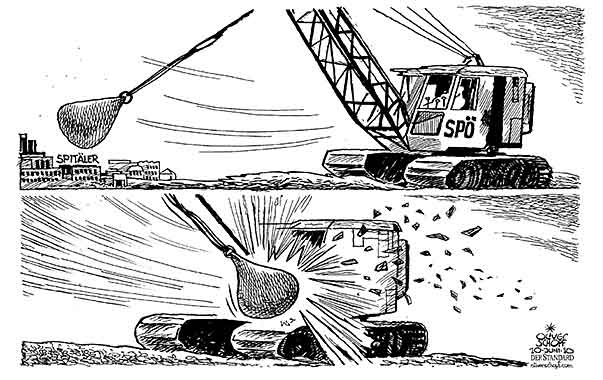 Oliver Schopf, politischer Karikaturist aus Österreich, politische Karikaturen aus Österreich, Karikatur, Illustrationen Politik Politiker Österreich 2010: spoe spitaeler abriss abrissbirne