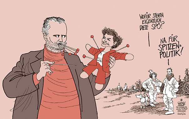 Oliver Schopf, politischer Karikaturist aus Österreich, politische Karikaturen aus Österreich, Karikatur Cartoon Illustrationen Politik Politiker Österreich 2023: SPÖ RENDI-WAGNER HANS PETER DOSKOZIL PARTEI SPITZE STREIT DISKUSSION FÜHRUNG VORSITZ VOODOO PUPPE STICHELN NADELN SPITZEN SPITZENPOLITIK 






