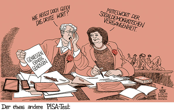 Oliver Schopf, politischer Karikaturist aus Österreich, politische Karikaturen aus Österreich, Karikatur Cartoon Illustrationen Politik Politiker Österreich 2019 : SPÖ SOZIALDEMOKRATIE PISA TEST DEUTSCH GRAMMATIK MITTELWORT DER VERGANGENHEIT PARTIZIP PERFEKT GENIESSEN GENOSS GENOSSEN SCHULE KLASSENZIMMER 

