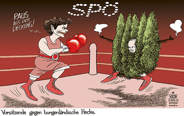 Oliver Schopf, politischer Karikaturist aus Österreich, politische Karikaturen aus Österreich, Karikatur Cartoon Illustrationen Politik Politiker Österreich 2023: SPÖ VORSITZ STREIT KAMPF BOXEN BOXRING RENDI-WAGNER DOSKOZIL HECKE HECKENSCHÜTZE DECKUNG KAMPFABSTIMMUNG





