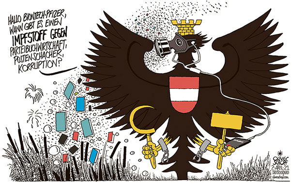  Oliver Schopf, politischer Karikaturist aus Österreich, politische Karikaturen, Illustrationen Archiv politische Karikatur Österreich: Chatprotokolle 2021 BUNDESADLER KORRUPTION PARTEIBUCHWIRTSCHAFT POSTENSCHACHER NEPOTISMUS FREUNDERLWIRTSCHAFT VETTERNWIRTSCHAFT ÖBAG SCHMID KURZ ÖVP SUMPF SAURE WIESEN GASMASKE IMPFSTOFF BIONTECH PFIZER


