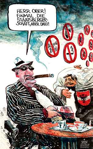Oliver Schopf, politischer Karikaturist aus Österreich, politische Karikaturen aus Österreich, Karikatur, Illustrationen Politik Politiker Österreich 2010: staatsbuergerschaft rauchverbot arigona zogaj mafia kaffeehaus