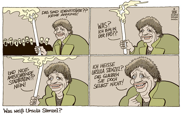  Oliver Schopf, politischer Karikaturist aus Österreich, politische Karikaturen, Illustrationen Archiv politische Karikatur Österreich: Parteien FPÖ 2019 URSULA STENZEL FPÖ STADTRÄTIN IDENTITÄRE REDE FACKEL KEINE AHNUNG NICHTS GEWUSST

