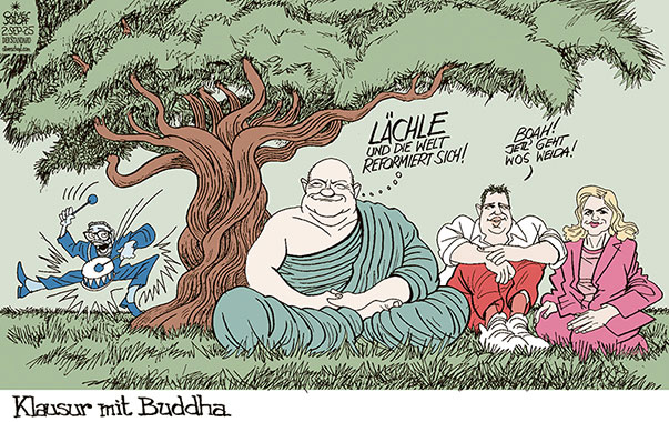 Oliver Schopf, politischer Karikaturist aus Österreich, politische Karikaturen aus Österreich, Karikatur Cartoon Illustrationen Politik Politiker Österreich Cartoon Movement, @oliverschopf.bsky.social 2025: REGIERUNG KOALITION ÖVP SPÖ NEOS KLAUSUR CHRISTIAN STOCKER ANDREAS BABLER BEATE MEINL-REISINGER INFLATION BUDGET PENSIONEN BUDDHA BODHIBAUM PAPPEL-FEIGE KICKL TROMMLER
































