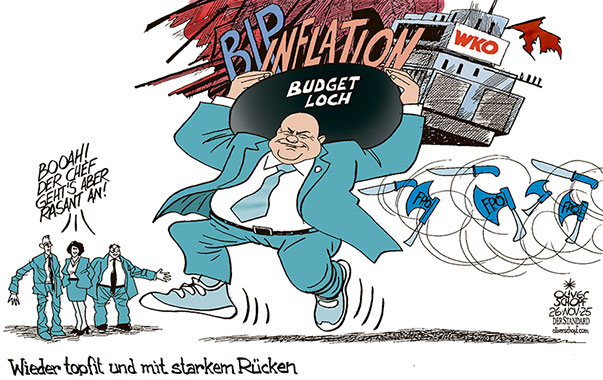 Oliver Schopf, politischer Karikaturist aus Österreich, politische Karikaturen aus Österreich, Karikatur Cartoon Illustrationen Politik Politiker Österreich Cartoon Movement, @oliverschopf.bsky.social 2025: REGIERUNG KOALITION ÖVP SPÖ NEOS BUNDESKANZLER STOCKER RÜCKEN OP GENESEN GEHEILT TOPFIT BELASTUNGEN BUDGETLOCH INFLATION BIP FPÖ HACKELN INS KREUZ


































