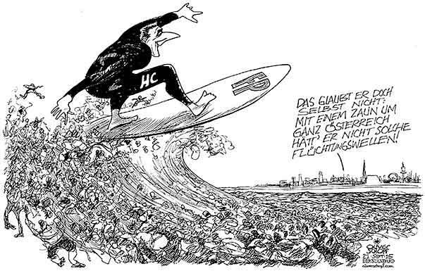 Oliver Schopf, politischer Karikaturist aus Österreich, politische Karikaturen aus Österreich, Karikatur Cartoon Illustrationen Politik Politiker Österreich 2015 : FLÜCHTLINGE WAHLKAMPF FPÖ STRACHE GRENZE ZAUN WELLENREITEN SURFBRETT SURFEN 


