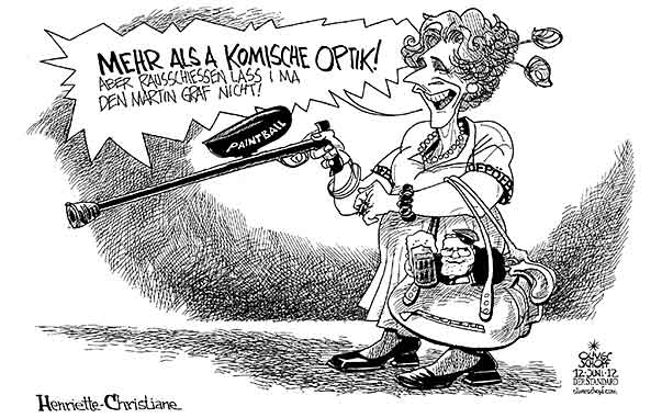 Oliver Schopf, politischer Karikaturist aus Österreich, politische Karikaturen aus Österreich, Karikatur, Illustrationen Politik Politiker Österreich 2012 FPOE STRACHE GRAF MARTIN MESCHAR GERTRUD STIFTUNG OPTIK RAUSSCHIESSEN PAINTBALL HANDTASCHE BURSCHENSCHAFT BIER