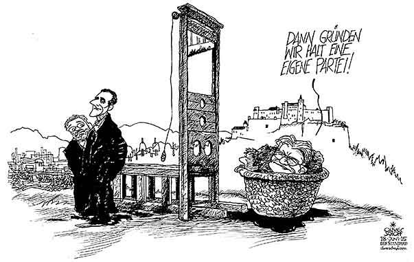 Oliver Schopf, politischer Karikaturist aus Österreich, politische Karikaturen aus Österreich, Karikatur Cartoon Illustrationen Politik Politiker Österreich 2015 FPOE HC STRACHE HERBERT KICKL KARL SCHNELL SALZBURG PARTEI AUSSCHLUSS KOEPFE ROLLEN GUILLOTINE PARTEIGRUENDUNG


