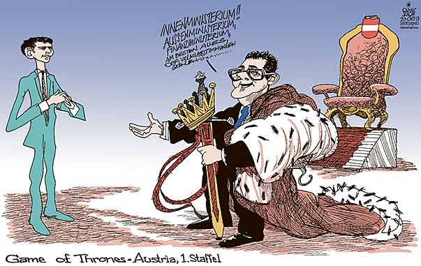  Oliver Schopf, politischer Karikaturist aus Österreich, politische Karikaturen, Illustrationen Archiv politische Karikatur Österreich Regierungsbildung  2017 
Koalitionsverhandlungen ÖVP FPÖ SEBASTIAN KURZ HC STRACHE KÖNIGSMACHER GAME OF THRONES SONDIERUNGEN GESPRÄCHE

