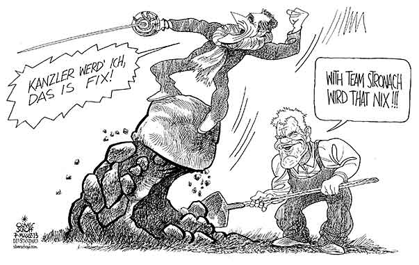  Oliver Schopf, politischer Karikaturist aus Österreich, politische Karikaturen, Illustrationen Archiv politische Karikatur Österreich  Parteien Team Stronach 2013 STRACHE HC STRONACH FRANK FPOE TEAM STRONACH KANZLERANSPRUCH SCHLAEGER GRABEN SCHAUFEL 


