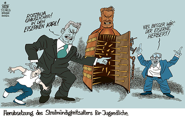 Oliver Schopf, politischer Karikaturist aus Österreich, politische Karikaturen aus Österreich, Karikatur Cartoon Illustrationen Politik Politiker Österreich 2024: REGIERUNG NEHAMMER KICKL ÖVP FPÖ HERABSETZUNG DES STRAFMÜNDIGKEITSALTERS FÜR JUGENDLICHE FOLTER EISERNE JUNGFRAU

