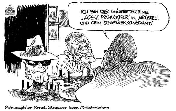 Oliver Schopf, politischer Karikaturist aus Österreich, politische Karikaturen aus Österreich, Karikatur, Illustrationen Politik Politiker Österreich 2011: ernst strasser eu lobbyist korruption geheimdienst agent provocateur schauspieler abschminken
