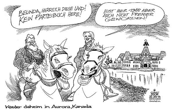  Oliver Schopf, politischer Karikaturist aus Österreich, politische Karikaturen, Illustrationen Archiv politische Karikatur Österreich  Parteien Team Stronach 2013 TEAM STRONACH FRANK BELINDA MAGNA AURORA ONTARIO KANADA PFERD REITEN PARTEIBUCH