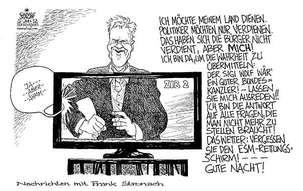 Oliver Schopf, politischer Karikaturist aus Österreich, politische Karikaturen aus Österreich, Karikatur, Illustrationen Politik Politiker Österreich 2012 STRONACH FRANK ORF ZIB 2 STUDIO GAST MODERATOR NACHRICHTEN PARTEI GRUENDUNG