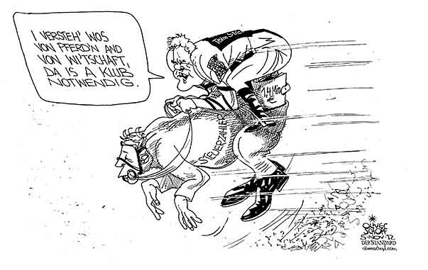  Oliver Schopf, politischer Karikaturist aus Österreich, politische Karikaturen, Illustrationen Archiv politische Karikatur Österreich  Parteien Team Stronach 2012 TEAM STRONACH FRANK PARTEI KLUB STATUS RENNPFERD REITEN JOCKEY STEUERZAHLER GELDTASCHE GALOPP

