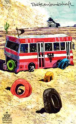  Oliver Schopf, politischer Karikaturist aus Österreich, politische Karikaturen, Illustrationen Archiv politische Karikatur Österreich  Parteien Team Stronach 2012 PARTEIEN LANDSCHAFT SPOE OEVP FPOE BZOE GRUENE TEAM STRONACH WUESTE BUS REIFEN 
