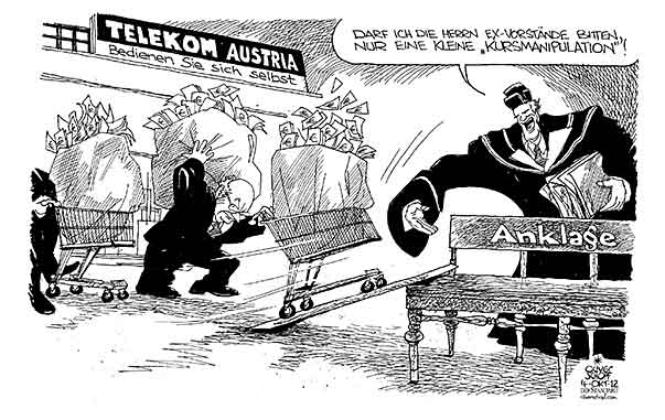Oliver Schopf, politischer Karikaturist aus Österreich, politische Karikaturen aus Österreich, Karikatur, Illustrationen Politik Politiker Österreich 2012 TELEKOM AUSTRIA ANKLAGE EX-VORSTAENDE SUNDT HEINZ FISCHER RUDOLF COLOMBO STEFANO STAATSANWALT SUPERMARKT EINKAUFSWAGEN EURO MILLIONEN