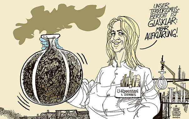 Oliver Schopf politische Karikatur: Österreich - Die U-Kommission unter der Leitung von Ingeborg Zerbes kommt in ihrem Terrorismus-Bericht zum Schluss, dass im Vorfeld des Anschlages vom 2. November 2020 in der Wiener Innenstadt vieles im Unklaren liegt: Schlechte Vernetzung, mangelnde Kommunikation, aber auch Misstrauen unter den einzelnen Behörden. 
  Oliver Schopf, politischer Karikaturist aus Österreich, politische Karikaturen, Illustrationen Archiv politische Karikatur Österreich: Polizei und Sicherheit 2021 TERRORISMUS BERICHT BVT INNENMINISTERIUM U-KOMMISSION INGEBORG ZERBES UNTERSUCHUNG AUFKLÄRUNG GLASKLAR BOMBE CHEMIE LABOR TEST