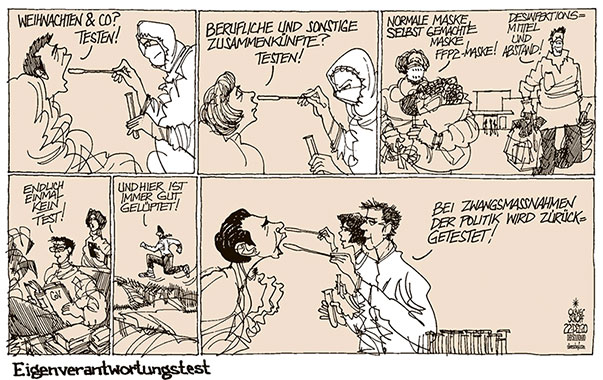  Oliver Schopf, politischer Karikaturist aus Österreich, politische Karikaturen, Illustrationen Archiv politische Karikatur Österreich 2020: CORONAVIRUS KRISE SARS-COV-2 COVID-19 TESTS TESTEN MASSENTESTS EIGENVERANTWORTUNG MASKE EINKAUFEN HANDEL HOMEOFFICE MASSNAHMEN REGIERUNG KURZ POLITIK ZUSAMMENKÜNFTE WEIHNACHTEN
