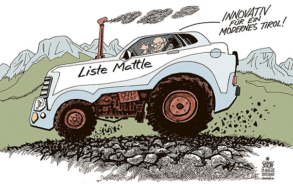 Oliver Schopf, politischer Karikaturist aus Österreich, politische Karikaturen aus Österreich, Karikatur Cartoon Illustrationen Politik Politiker Österreich 2022: TIROL WAHL WAHLKAMPF STIMMZETTEL LISTE ANTON MATTLE NAME ÖVP TRAKTOR AUTO KAROSSERIE MODERN
