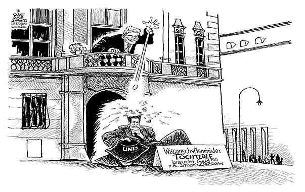 Oliver Schopf, politischer Karikaturist aus Österreich, politische Karikaturen aus Österreich, Karikatur, Illustrationen Politik Politiker Österreich 2011 toechterle wissenschaftsminister universitaet geld studiengebuehren betteln bundeskanzleramt faymann eier
 