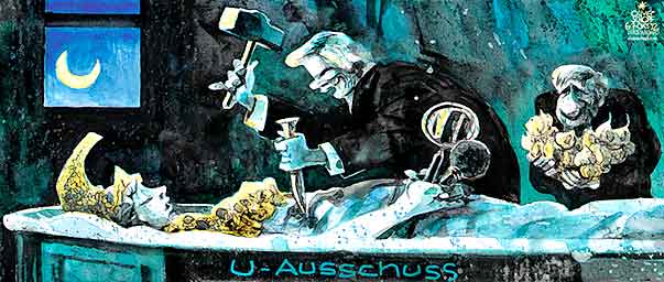 Oliver Schopf, politischer Karikaturist aus Österreich, politische Karikaturen aus Österreich, Karikatur, Illustrationen Politik Politiker Österreich 2012 U-AUSSCHUSS PARLAMENT WIEN KORRUPTION FAYMANN SPINDELEGGER VAMPIR PFAHL KNOBLAUCH STERBEN SARG