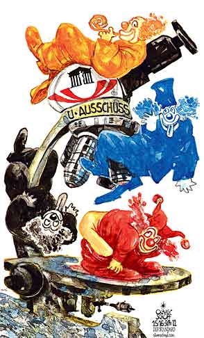 Oliver Schopf, politischer Karikaturist aus Österreich, politische Karikaturen aus Österreich, Karikatur, Illustrationen Politik Politiker Österreich 2012 U-AUSSCHUSS PARLAMENT KORRUPTION MIKROSKOP UNTERSUCHUNG PARTEIEN SPOE OEVP FPOE BZOE CLOWN NARRETEIEN