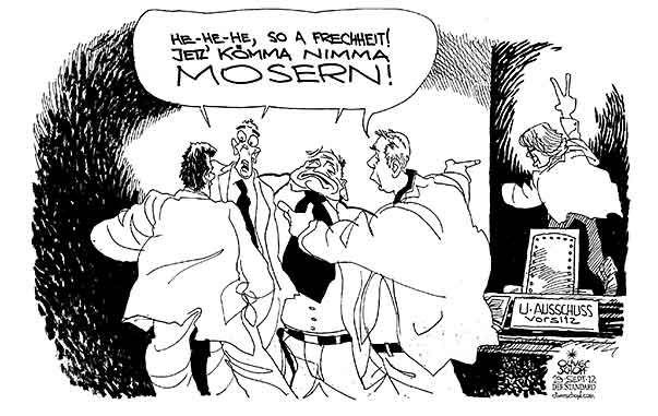 Oliver Schopf, politischer Karikaturist aus Österreich, politische Karikaturen aus Österreich, Karikatur, Illustrationen Politik Politiker Österreich 2012 U-AUSSCHUSS PARLAMENT WIEN KORRUPTION MOSER GABRIELE GRUENE VORSITZ RUECKTRITT MOSERN