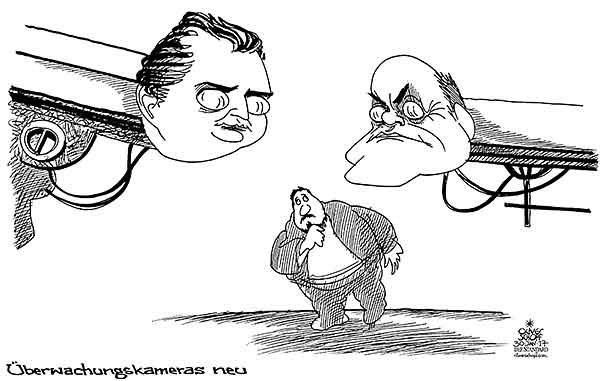 Oliver Schopf, politischer Karikaturist aus Österreich, politische Karikaturen aus Österreich, Karikatur Cartoon Illustrationen Politik Politiker Österreich 2017 : ÜBERWACHUNG VIDEOKAMERA HANS PETER DOSKOZIL WOLFGANG SOBOTKA SICHERHEIT TERROR AUGEN LINSE







