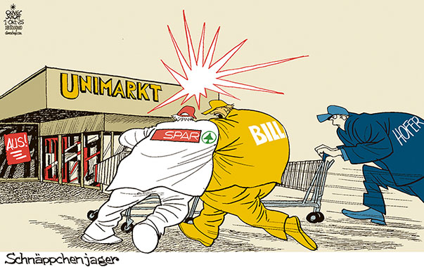 Der Diskonter Unimarkt schließt und steht zum Verkauf an. REWE/BILLA, SPAR und HOFER stehen schon in den Startlöchern, um Anteile kaufen zu können, sofern die Bundeswettbewerbsbehörde (BWB) das überhaupt zulässt.
 Oliver Schopf, politischer Karikaturist aus Österreich, politische Karikaturen aus Österreich, Karikatur Cartoon Illustrationen Politik Politiker Österreich Cartoon Movement, @oliverschopf.bsky.social 2025: UNIMARKT DISKONTER PLEITE VERKAUF REWE BILLA SPAR HOFER WETTBEWERB BUNDESWETTBEWERBSBEHÖRDE EINKAUFEN SCHNÄPPCHEN SCHNÄPPCHENJÄGER ÜBERNAHME KAUFEN SUPERMARKT