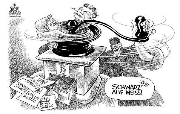  Oliver Schopf, politischer Karikaturist aus Österreich, politische Karikaturen, Illustrationen Archiv politische Karikatur Österreich Regierung Schüssel 
wolfgang schuessel  bundeskanzler 2013 RUMPOLD GERNOT PROZESS URTEIL RICHTER TELEKOM AUSTRIA SCHUESSEL HAIDER SCHWARZ-BLAU KAFFEEMUEHLE MAHLEN JUSTIZ

